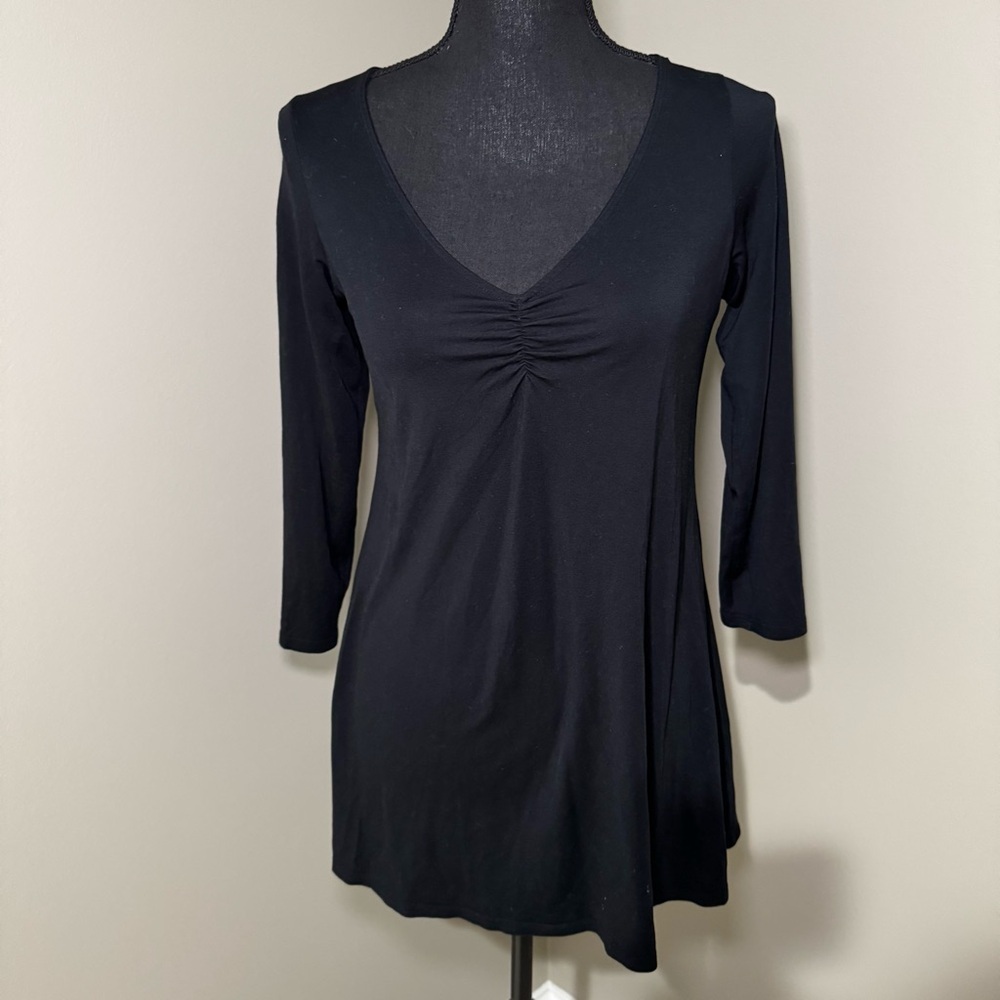 EILEEN FISHER Top XS Tencel Cashmere Jersey Ruched V-Neck Tunic 3/4 Sleeve Black